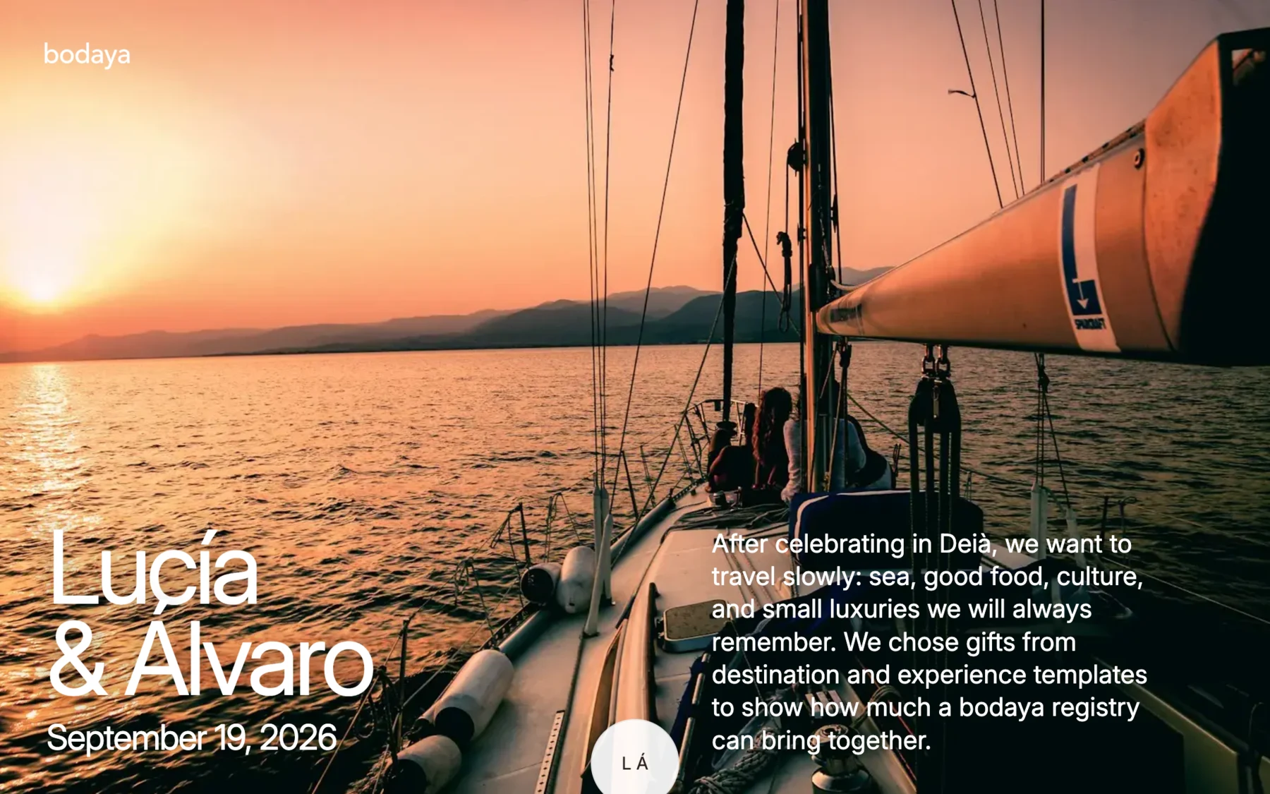 Bodaya public wedding website for Lucía and Álvaro, featuring a Mallorca sail at sunset.