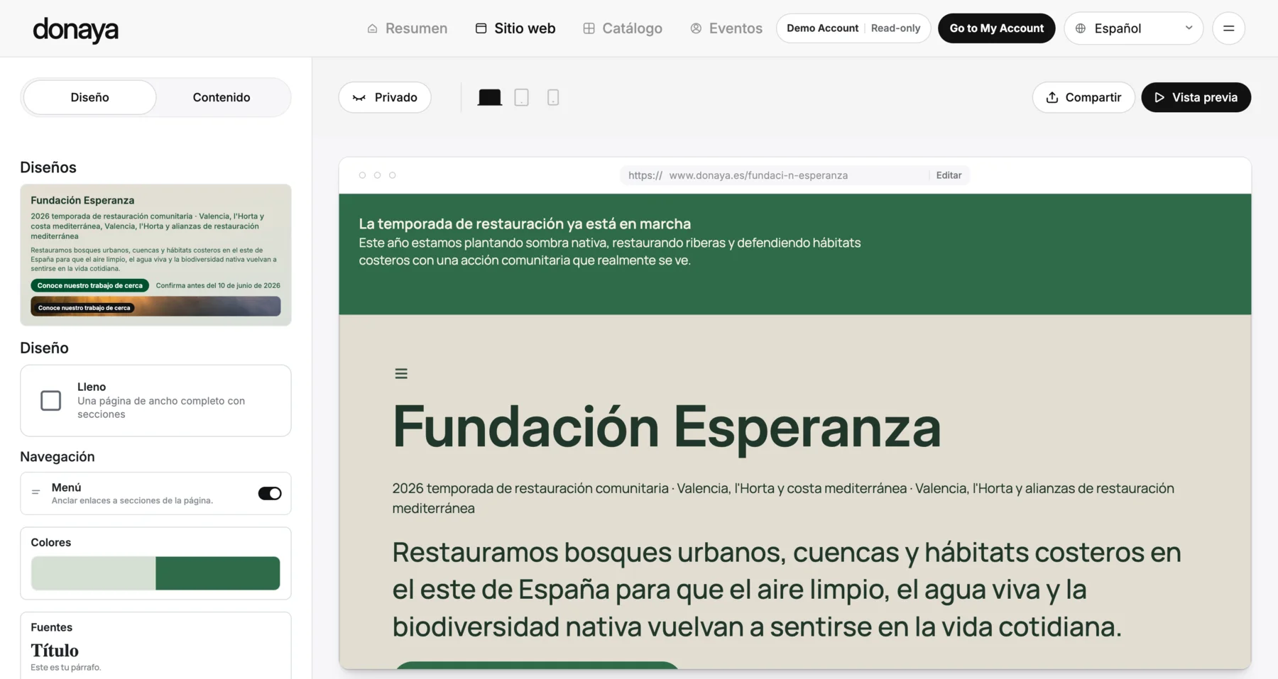 Donaya website builder with nonprofit campaign preview and editor controls.