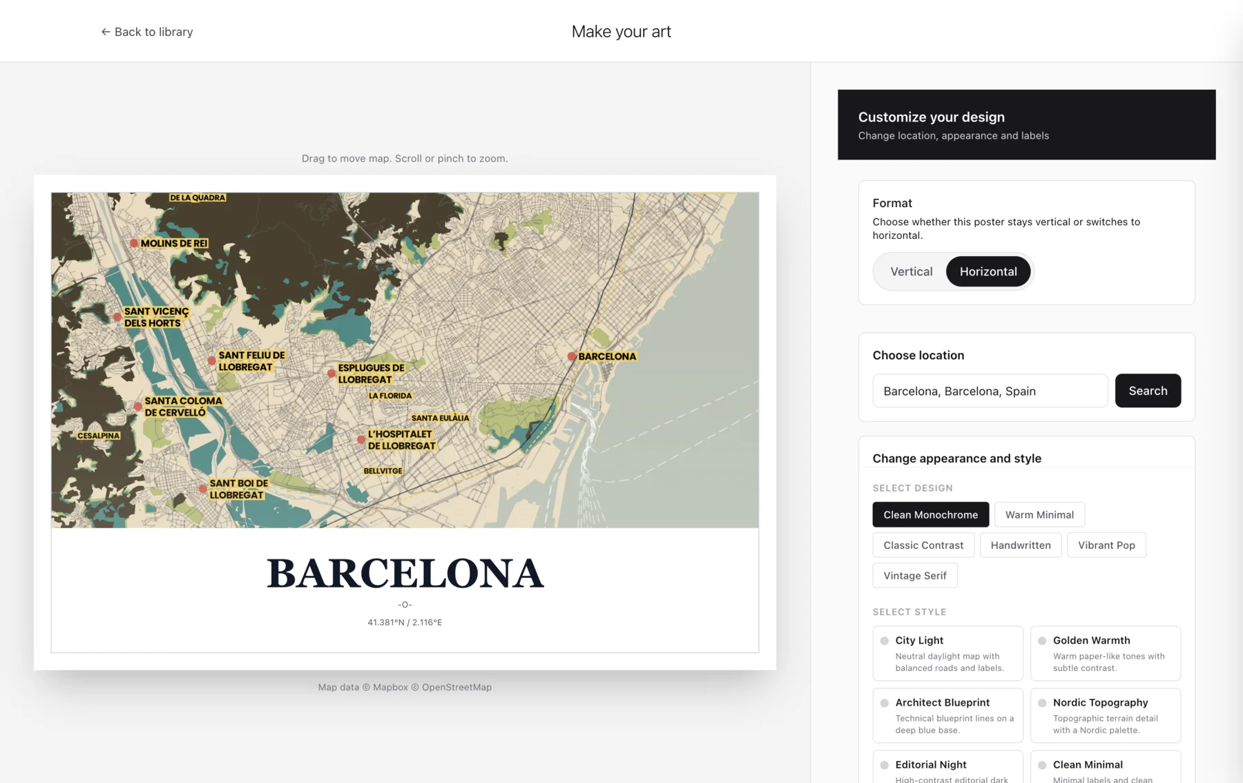 Paliet city map poster editor with customization controls.